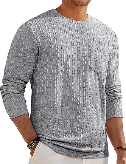 JMIERR Men's Long Sleeve Shirts Casual Crewneck Pullover T-Shirt Stretch Textured Knit Tee with Pocket