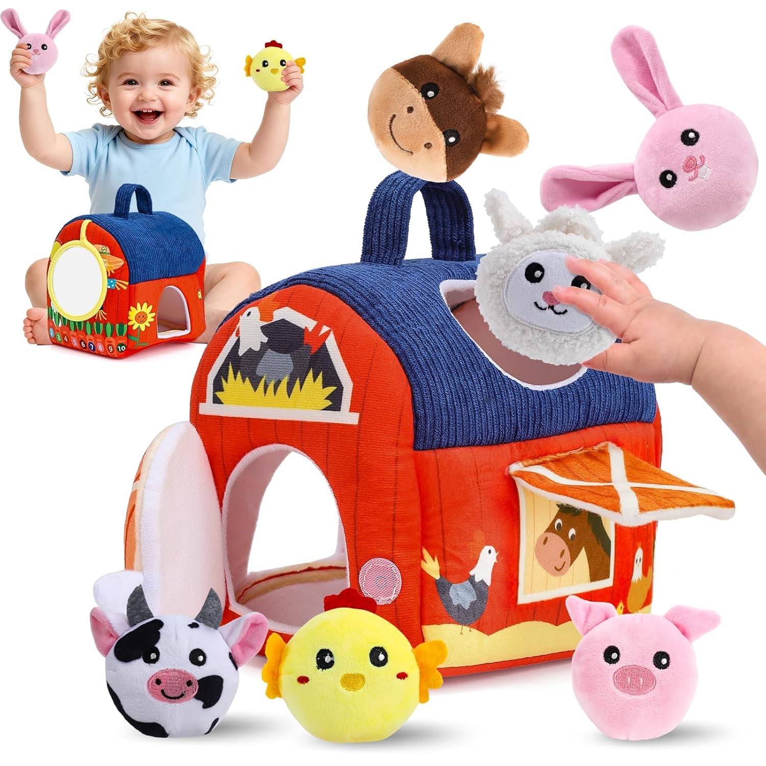 Baby Toys 6-12 Months, Soft Barn Montessori Sensory Infant Toy for 6 7 8 9 10 Month Old, 1st Birthday Baby Gifts for 1 Year Old Boy Girl, Stuffed Farm Animals, Rattle Squeaky Crinkle Sound