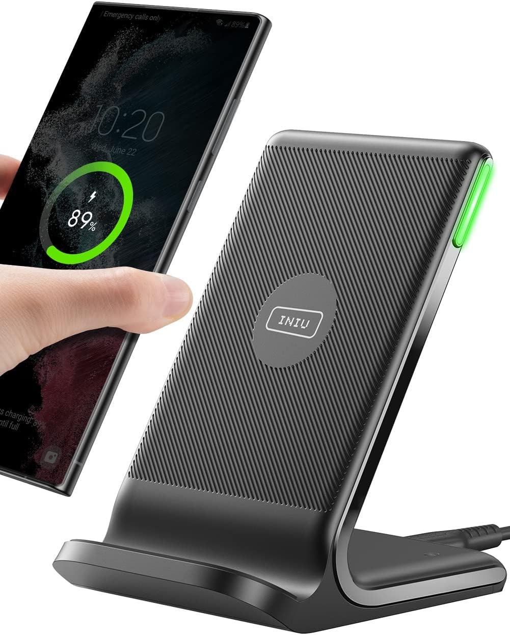 Basics 10W Qi Certified Wireless Charging Stand for Phone 16/15/14/13/12/11/X, Samsung, and More, with USB Cable, Black (No AC Adapter)