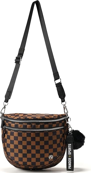 Pander Crossbody Bum Bag for Women, Everyday Nylon Shoulder Bag with Pompom Keychain Wristlet Bag Charm, Adjustable Strap