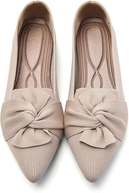 HIULYCENCE Flats for Womens Pointed Toe Ballet Flats with Bow Comfortable Knit Dressy Flats