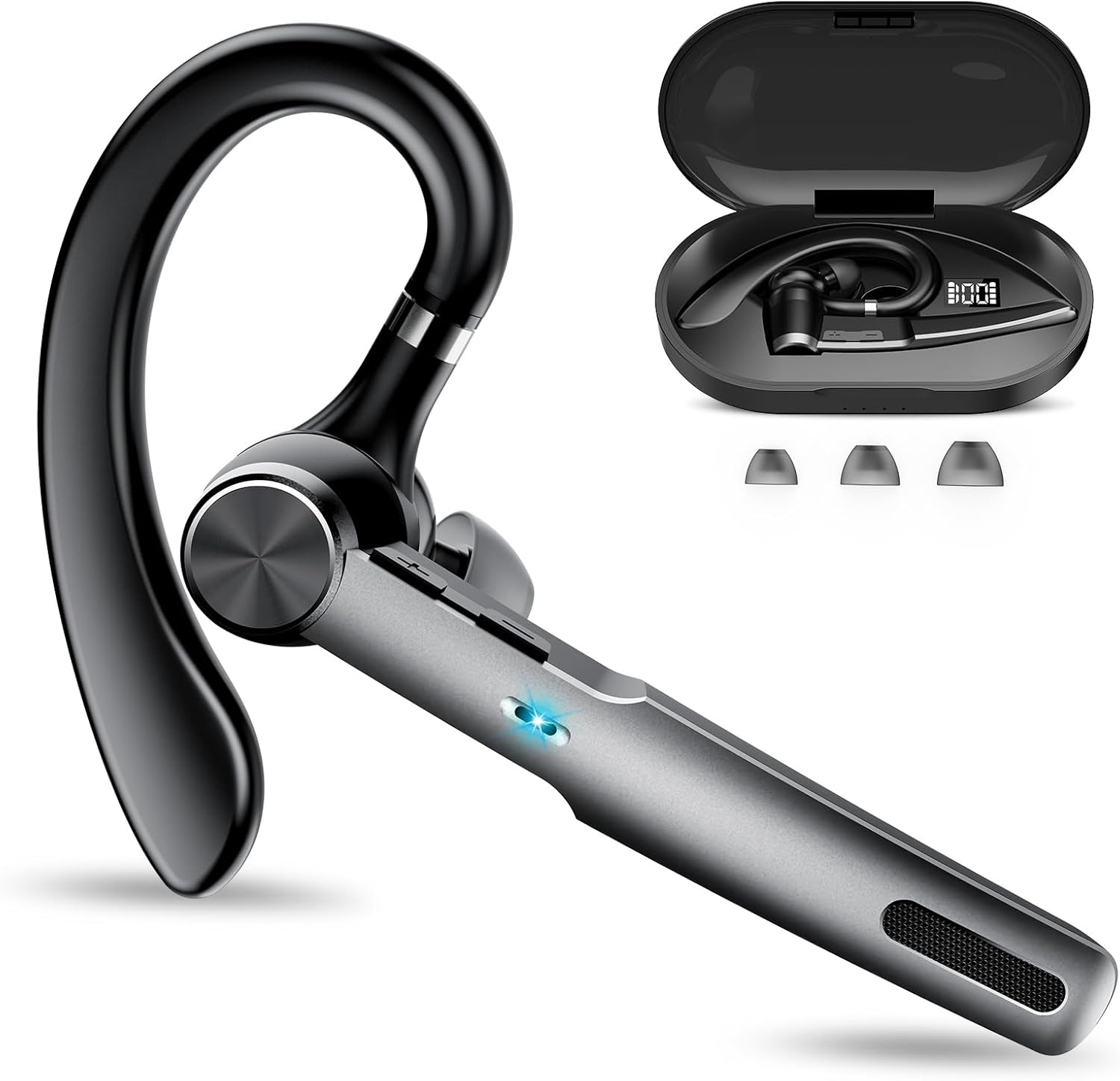 Bluetooth Headset, Wireless Earpiece with ENC Microphone, Single-Ear Bluetooth Earpiece V5.3 with Earhook, 60H Talktime, IP7 Waterproof Hands Free Earphones for for Business/Office, Black