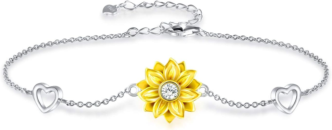 SNZM Bracelets for Women, 925 Sterling Silver Sunflower Bracelet Chain Adjustable Heart Charm Link Birthday Sunflower Jewelry for Women/Girlfriend