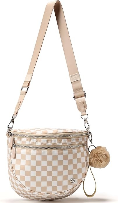 Pander Crossbody Bum Bag for Women, Everyday Nylon Shoulder Bag with Pompom Keychain Wristlet Bag Charm, Adjustable Strap
