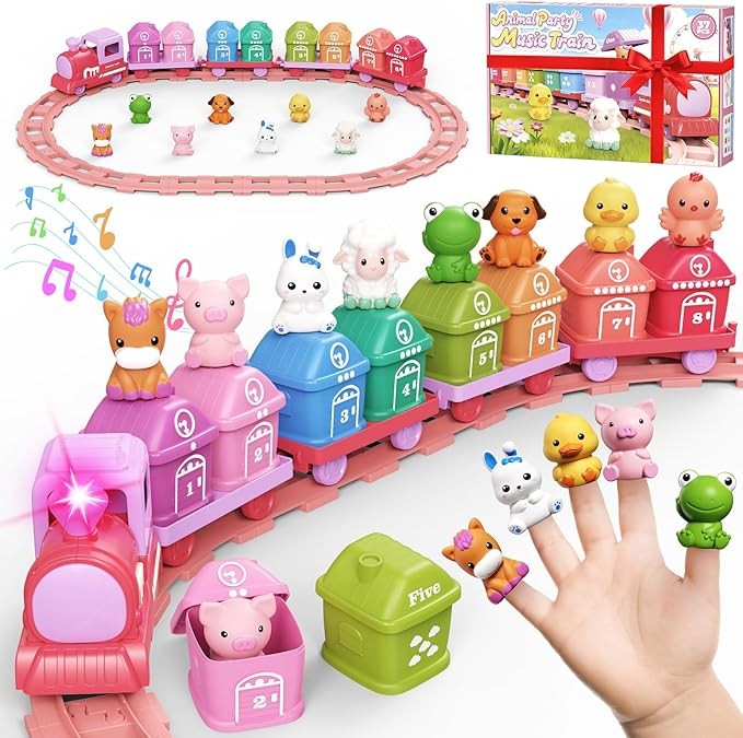 Train Set for Girls 2-4, Electric Toy Train with Farm Animals & Music & Lights, Montessori Counting & Sorting Learning Toys for Toddler Girls 1 2 3 Year Old, Christmas Easter Birthday Gift