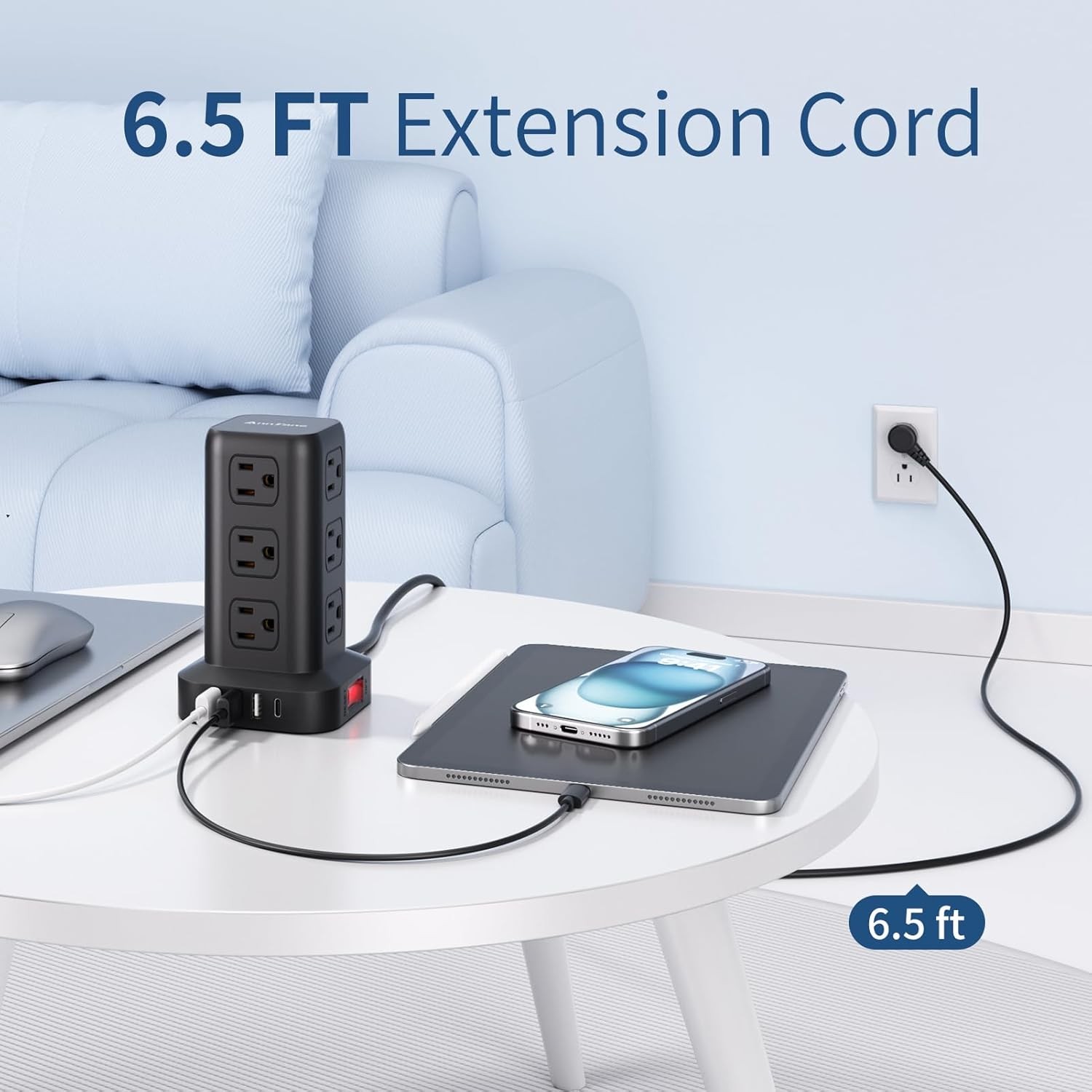 Surge Protector Power Strip 6.5 FT Cord, Power Strip Tower with 4 USB Ports (1USB C), Extension Cord with 12 AC Multiple Outlets, Home Office Supplies Desk Accessories, Dorm Room Essentials